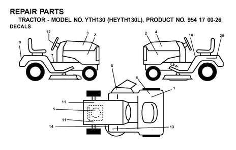 Decals Diagram and Parts List for YTH130 (954170026-L)(2001-09) Husqvarna Lawn Tractor