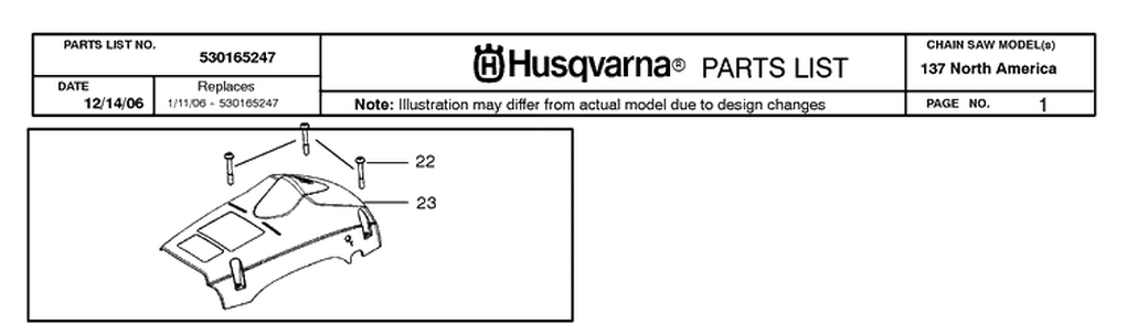 Cover Diagram and Parts List for 137 20064900001-20070100000 Husqvarna Chainsaw