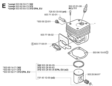 Cylinder Piston Diagram and Parts List for 372XP/ (XPG)(20051800001-20070100000) Husqvarna Chainsaw