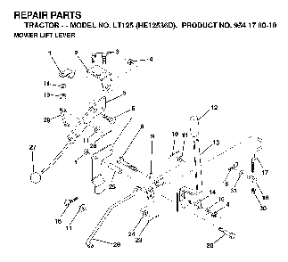 Mower Lift Lever Diagram and Parts List for LT125 (HE12536D, 954170010)(1998-12) Husqvarna Lawn Tractor