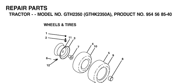 Wheels And Tires Diagram and Parts List for GTH2350-GTHK2350A 2002-07 Husqvarna Lawn Tractor
