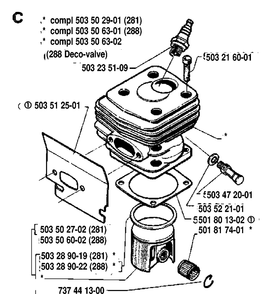 Cylinder Piston Diagram and Parts List for 288 19911400001-19933600000 Husqvarna Chainsaw