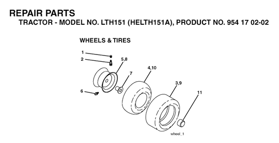 Wheels And Tires Diagram and Parts List for LTH151 (954170202-A)(2004-01) Husqvarna Lawn Tractor
