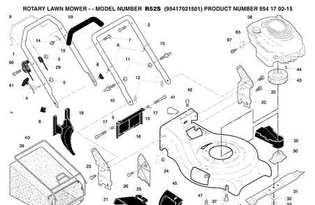 Frame And Engine Diagram and Parts List for R52S (95417021501)(2005-02) Husqvarna Lawn Mower