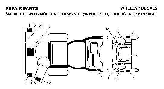 Decals Diagram and Parts List for 10527SBE (96193000901, 961930009)(2006-05) Husqvarna Snow Blower