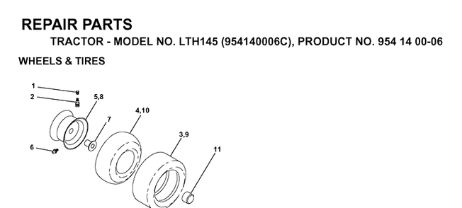 Wheels And Tires Diagram and Parts List for LTH145 (954140006C)(1998-02) Husqvarna Lawn Tractor