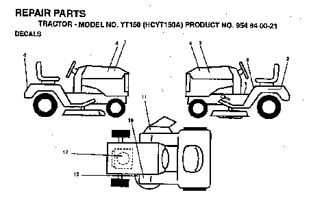 Decals Diagram and Parts List for YT150 (HCYT150A, 954840021)(1996-01) Husqvarna Lawn Tractor