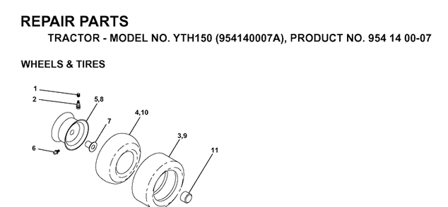 Wheels And Tires Diagram and Parts List for YTH150 (954140007A)(1997-01) Husqvarna Lawn Tractor