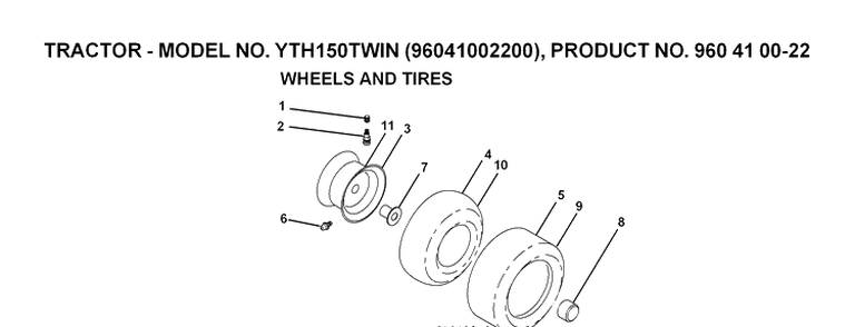 Wheels And Tires Diagram and Parts List for YTH150 (96041002200)(2007-04) Husqvarna Lawn Tractor