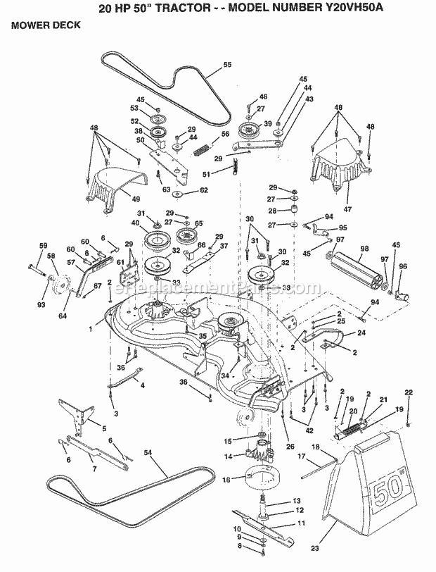20 Hp 50" Mower Deck Diagram and Parts List for Y20VH50A 1994 Husqvarna Lawn Tractor