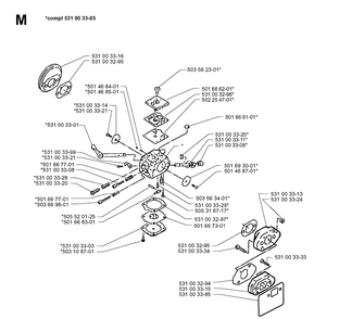 Carburetor Details Diagram and Parts List for 140B 19960900001-19974000000 Husqvarna Leaf Blower / Vacuum