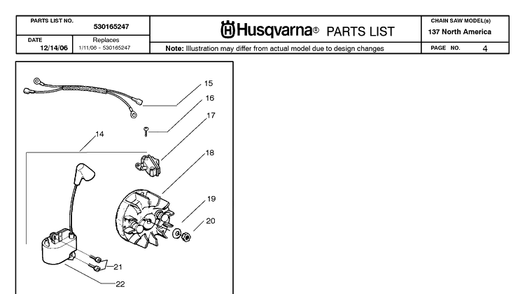 Ignition System Diagram and Parts List for 137 20064900001-20070100000 Husqvarna Chainsaw