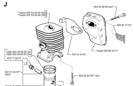 Cylinder Piston Diagram and Parts List for 322E 19994000001-20010100000 Husqvarna Edger