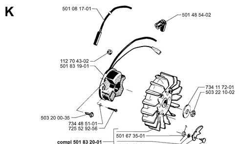Ignition System Diagram and Parts List for 265RX 19954500001-19991000000 Husqvarna Brush Cutter