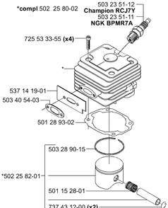 Piston / Cylinder Diagram and Parts List for 265RX 2001-07 Husqvarna Brush Cutter