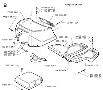 Hood Diagram and Parts List for RIDER970 1997-03 Husqvarna Lawn Mower