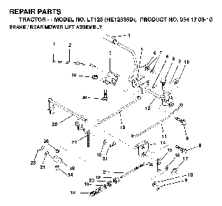 Brake / Rear Mower Lift Diagram and Parts List for LT125 (HE12536D, 954170010)(1998-12) Husqvarna Lawn Tractor