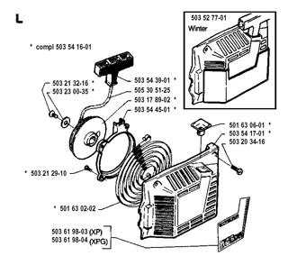 Starter Diagram and Parts List for 262XP 19942300001-19960100000 Husqvarna Chainsaw