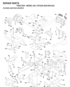 Chassis And Enclosures Diagram and Parts List for GTH220 (954140012A)(1997-01) Husqvarna Lawn Tractor