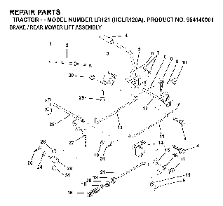 Brake / Rear Mower Lift Diagram and Parts List for LR121 (HCLR120A, 954140001)(1996-08) Husqvarna Lawn Tractor