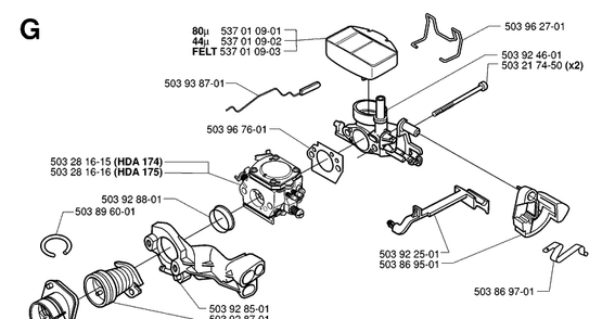 Carburetor And Air Filter Diagram and Parts List for 359 20010100001-20014000000 Husqvarna Chainsaw