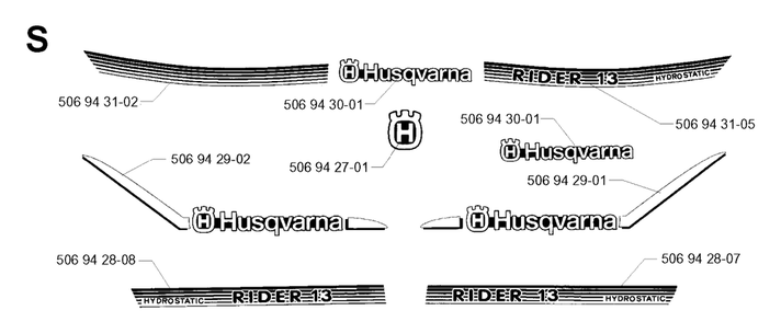 Decals Diagram and Parts List for R13 2001-01 Husqvarna Lawn Tractor