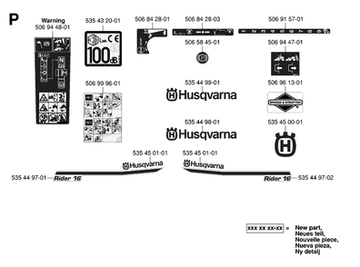 Decals Diagram and Parts List for R16 (953521401)(2006-01) Husqvarna Lawn Tractor