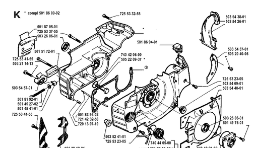 Crankcase Diagram and Parts List for 262XP 19910900001-19924400000 Husqvarna Chainsaw