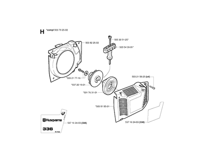 Starter Diagram and Parts List for 336 20040100001-20051000000 Husqvarna Chainsaw