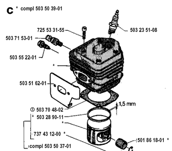 Cylinder Piston Diagram and Parts List for 254 19942300001-19960100000 Husqvarna Chainsaw