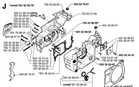Crankcase Diagram and Parts List for 242 19981800001-20013500000 Husqvarna Chainsaw