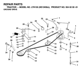 Drive Diagram and Parts List for LTH130 (954820001-J)(2000-03) Husqvarna Lawn Tractor