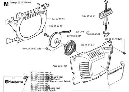 Starter Diagram and Parts List for 357XP 20041800001-20050600000 Husqvarna Chainsaw