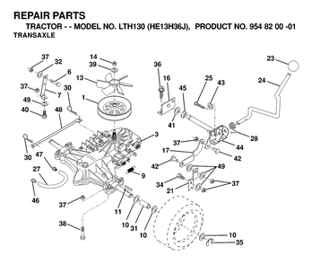 Transmission Diagram and Parts List for LTH130 (954820001-J)(2000-03) Husqvarna Lawn Tractor