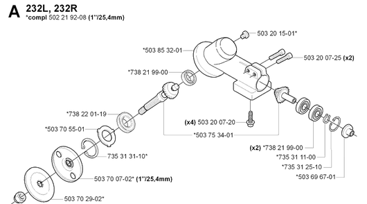 Bevel Gear Diagram and Parts List for 232L 20070100001-Current Husqvarna Edger