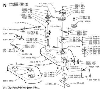 97cm Cutting Deck Diagram and Parts List for RIDER970 1997-03 Husqvarna Lawn Mower