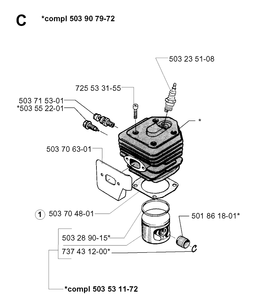 Cylinder Piston Diagram and Parts List for 261 19981000001-19992399999 Husqvarna Chainsaw