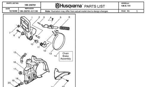 Chain Brake Diagram and Parts List for 136 20040100001-Current Husqvarna Chainsaw