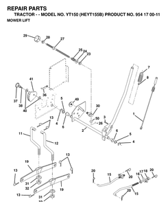 Mower Lift / Deck Lift Diagram and Parts List for YT150 (HEYT155B)(1998-12) Husqvarna Lawn Tractor