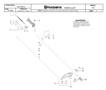 Shaft And Handle Diagram and Parts List for 124L 20082200001-Current Husqvarna Edger