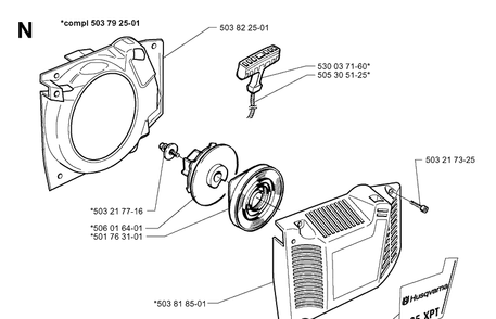 Starter Diagram and Parts List for 335XPT 19970500001-19991000000 Husqvarna Chainsaw