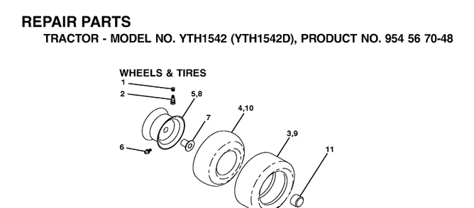 Wheels And Tires Diagram and Parts List for YTH1542 (954567048)(2001-11) Husqvarna Lawn Tractor