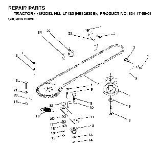 Drive Diagram and Parts List for LT125 (HE12536B, 954170001)(1996-10) Husqvarna Lawn Tractor