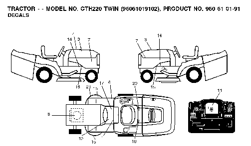 Decals Diagram and Parts List for CTH220TWIN (96061019102)(2007-11) Husqvarna Lawn Tractor