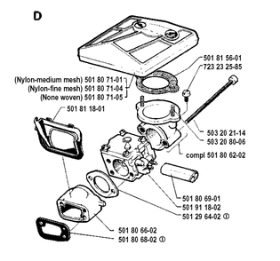Carburetor And Air Filter Diagram and Parts List for 288 19900100001-19911400000 Husqvarna Chainsaw