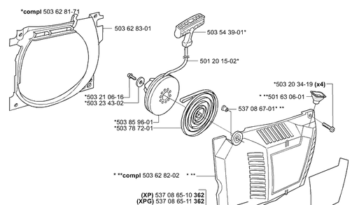 Starter Diagram and Parts List for 362EPA 2001-10 Husqvarna Chainsaw