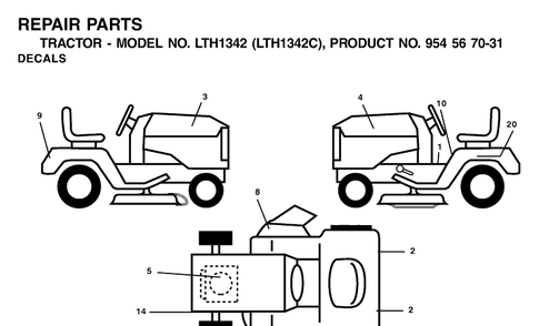 Decals Diagram and Parts List for LTH1342-LTH1342C 2001-11 Husqvarna Lawn Tractor