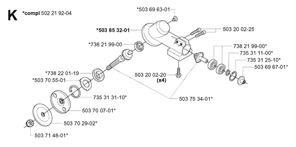 Bevel Gear Diagram and Parts List for 225RJ 20004000001 & Above Husqvarna Trimmer