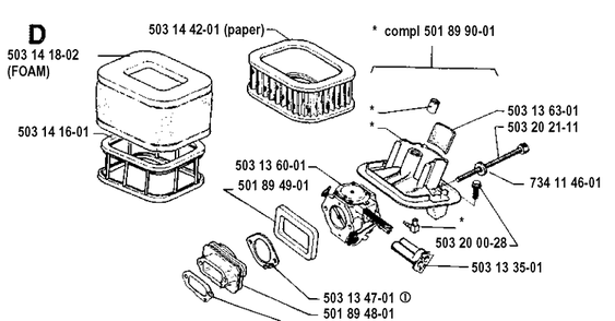 Carburetor And Air Filter Diagram and Parts List for 3120 19900100001-19942300000 Husqvarna Chainsaw