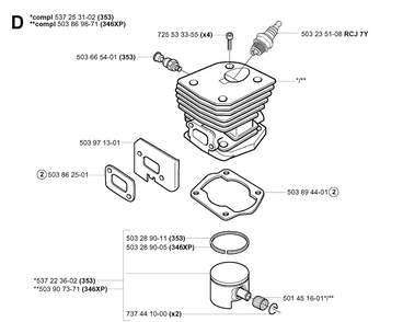 Cylinder Piston Diagram and Parts List for 346XP 20041000001-20070799999 Husqvarna Chainsaw